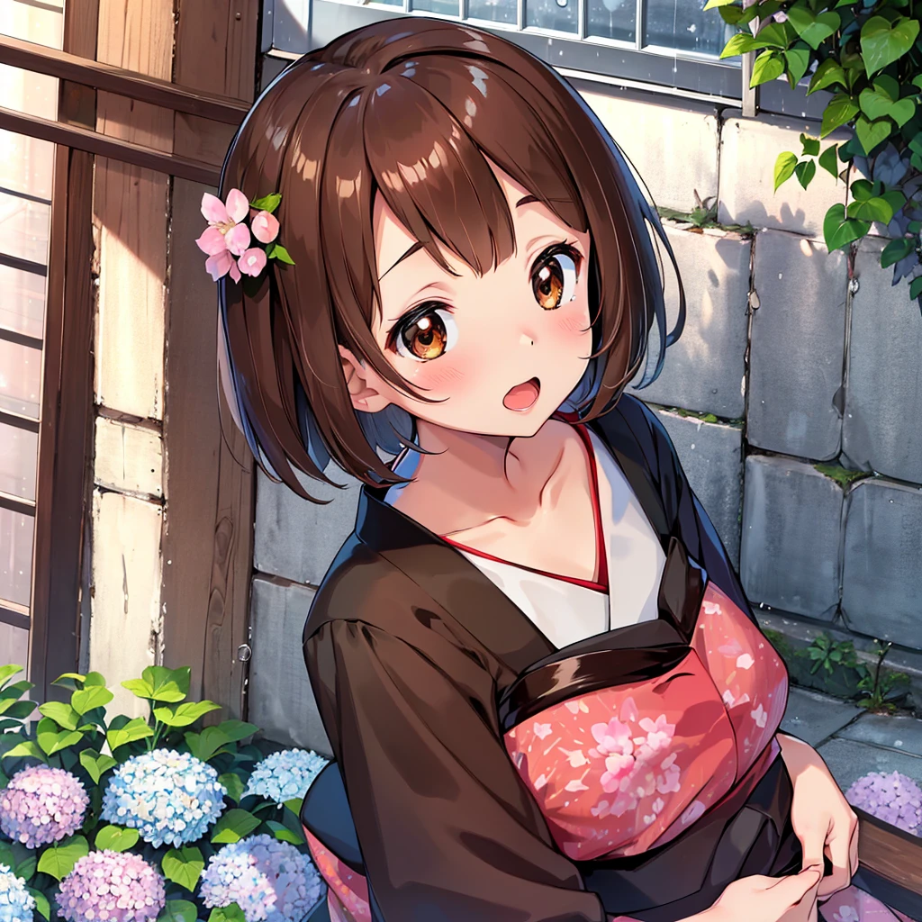 masterpiece, Highest quality, High resolution, Gloria1, 1 Girl, Gloria\(Pokémon\), Brown Hair, , Brown Eyes, , Short Hair, , Bobcut, bangs, , 1Describe a girl carefully 1Girl Expression in love blush Open Mouth blush kimono(Hydrangea pattern) Upper Body Japanese-style streetscape rain