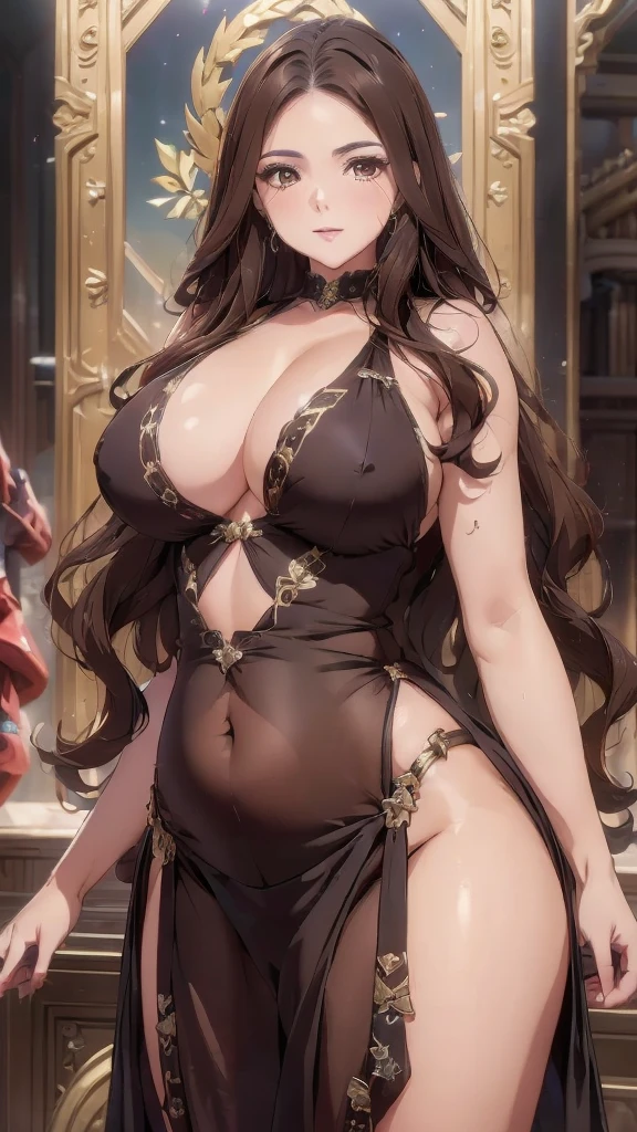 (Highest quality, 8K, masterpiece :1.3), Handsome young man with perfect figure and long hair :1.4, Zhongli, Zhongli, Dark brown hair, Swollen breasts, Genshin Impact, On the Ruins, In the hands of a gun, Highly detailed face and skin, Fine grain, double eyelid
