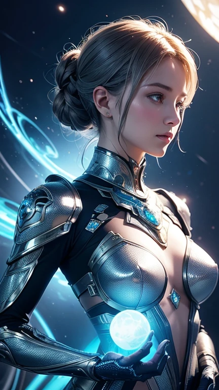  A digitally rendered female figure in intricately detailed, futuristic armor that blends metallic and organic design elements. She gazes thoughtfully at a glowing orb held delicately in her right hand, which seems to contain a swirling galaxy or energy mass, evoking a sense of mysticism or advanced technology. The overall mood is one of serene contemplation, underscored by the cool blue tones.
