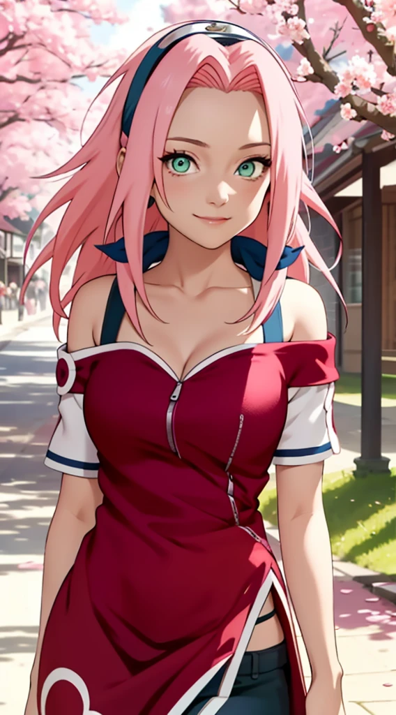 tmasterpiece, Best quality at best, 1girll, Sakura Haruno, Large breasts,Off-the-shoulder attire,(cleavage),(upperbody closeup),Raised sexy,is shy,ssmile,with pink hair, long whitr hair, (Green eyeballs:1.4), Forehead protection, the cherry trees,Cherry blossoms flying,Red clothes,Zipper half