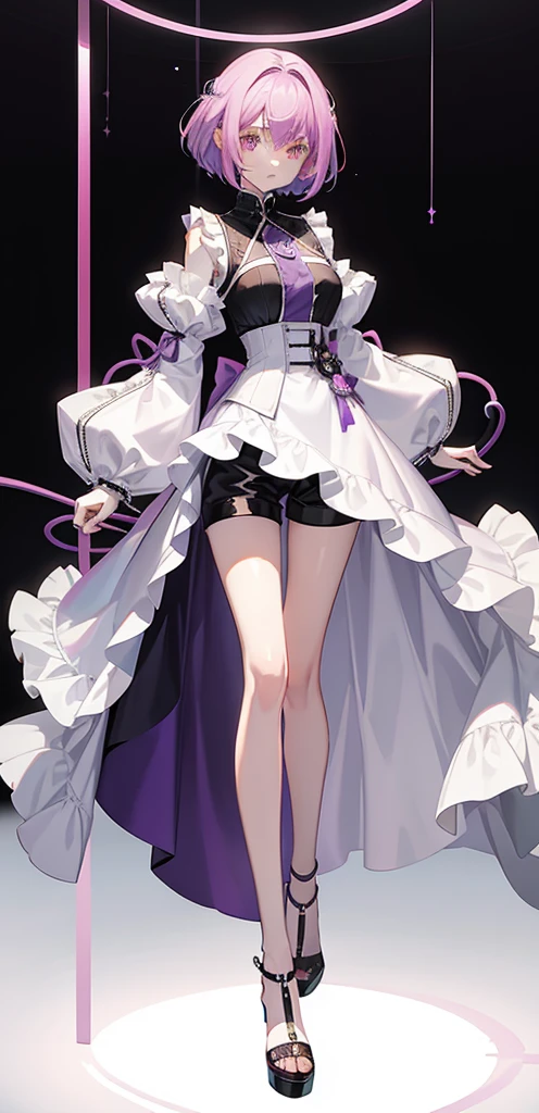 Short thin purple hair,Pink eyes,Royal sister,Coiled hair,White color blouse,Long sleeves,Hold your hands to your chest,Black shorts,blacksilk,close-up on legs,(full body)