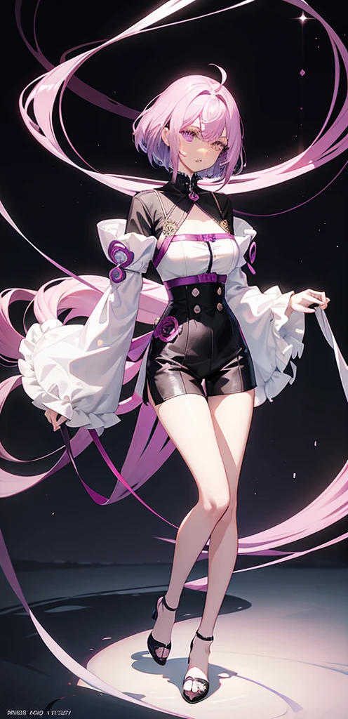 Short thin purple hair，Pink eyes，Royal sister，Coiled hair，White color blouse，Long sleeves，Hold your hands to your chest，Black  shorts，blacksilk，close-up on legs，(full body)