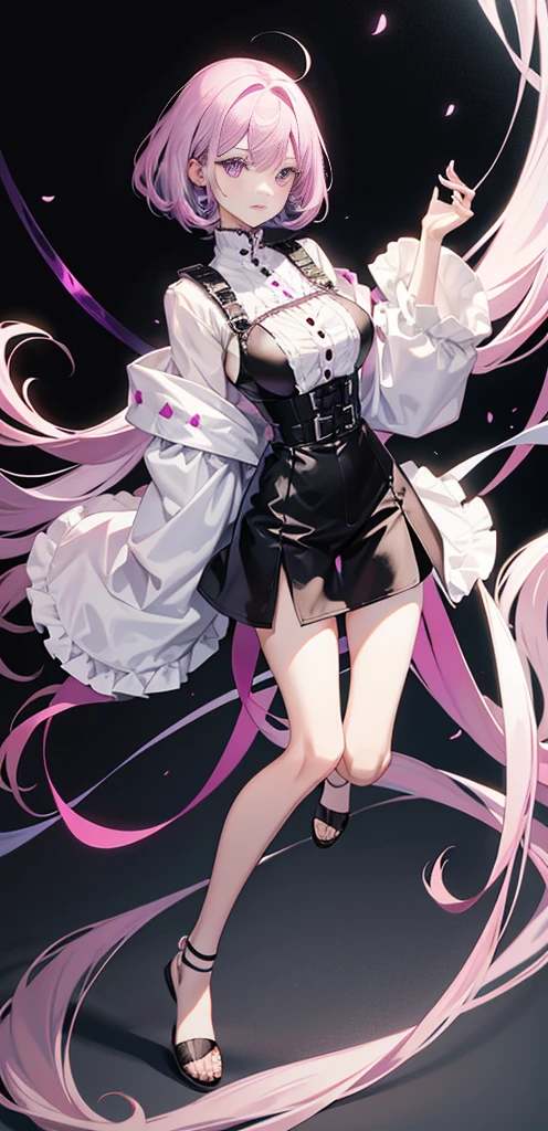 Short thin purple hair，Pink eyes，Royal sister，Coiled hair，White color blouse，Long sleeves，Hold your hands to your chest，Black  shorts，blacksilk，close-up on legs，(full body)