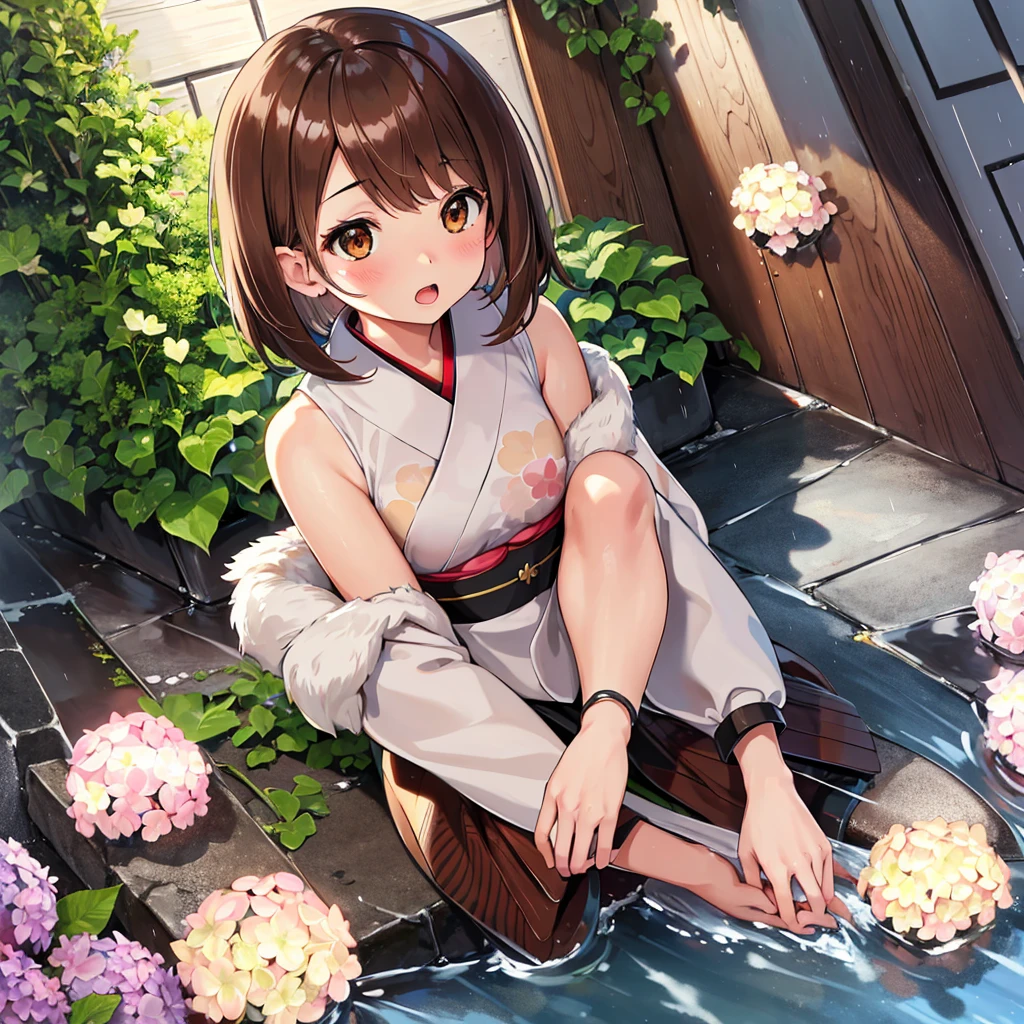 masterpiece, Highest quality, High resolution, Gloria1, 1 Girl, Gloria\(Pokémon\), Brown Hair, , Brown Eyes, , Short Hair, , Bobcut, bangs, , 1Describe a girl carefully 1Girl Expression in love blush Open Mouth blush kimono(Hydrangea pattern) Upper Body Japanese-style streetscape rain