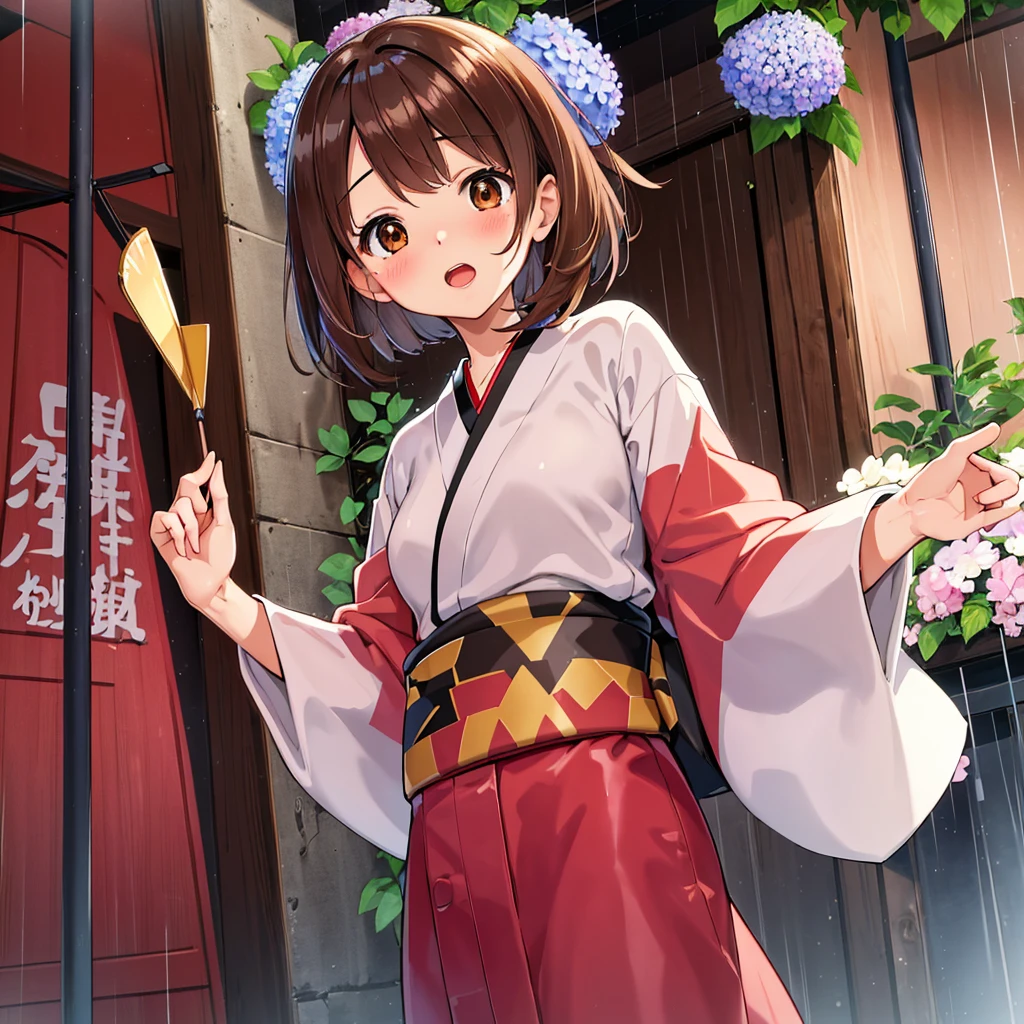 masterpiece, Highest quality, High resolution, Gloria1, 1 Girl, Gloria\(Pokémon\), Brown Hair, , Brown Eyes, , Short Hair, , Bobcut, bangs, , 　１Describe a girl carefully　１Girl　Expression in love　blush　Open Mouth　blush　　kimono（Hydrangea pattern）　Upper Body　Japanese-style streetscape　　rain