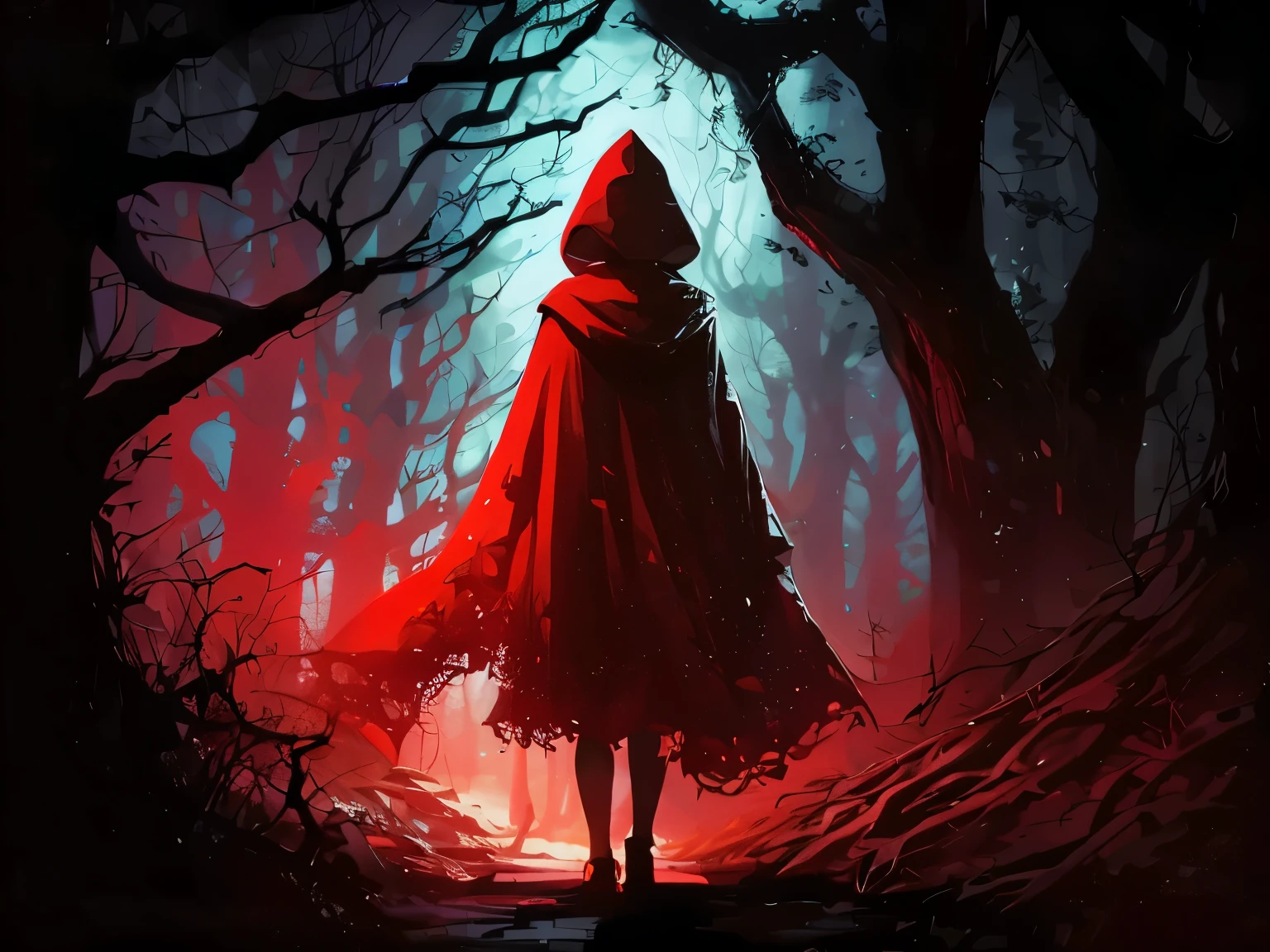 a close up of a person in a red cloak walking through a forest, thief red riding hood, red riding hood, dressed in a beautiful red cloak, little red riding hood, red hooded mage, a red cape, red hoods, red cloak, horror fairy tale, teal glow, horror, witch in the woods, red cape, teal fog, painted by andreas rocha, dan mumford tom bagshaw