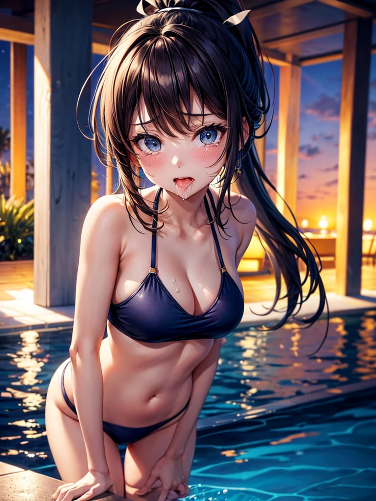 Highest Resolution,Highest quality,1People Girls,beautiful girl,Full body close-up,The body is frontal,looking at the camera,Standing posture,Crying face,Tears,Stringy saliva,Open your mouth,Sticking out tongue,Saliva,Tears overflow,Dripping a lot of saliva,Drooling,Swimsuits by the pool at night,Night view,High leg,ponytail,