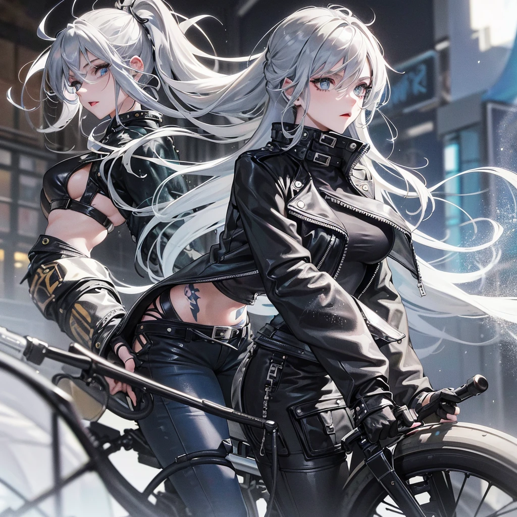 The beautiful biker girl , Light ash grey  hair elegantly curled,blue light eyes, punk styles, has tattos on the arm , Masterpiece（（tmasterpiece）），Black color Leather jacket（（black jean ）），，adorlable，mortor bike ，street wears, 