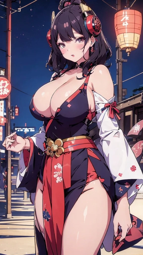 Japanese traditional clothing, Katsushika Hokusai Style, (cyber punk) (neon)