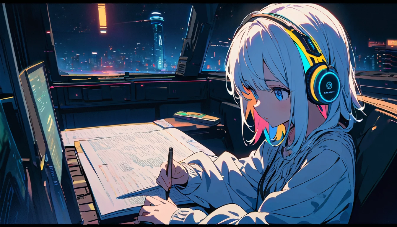 HD 8K Handsome cute, Solitary, 1 female, Medium Length Hair, white hair, Rainbow hair, blue Eyes, Rainbow headphone, knit dress, Futuristic, Cyberpunk, Cybernetics panoramic, in the night, looking away, Sitting, studying, night bar,
