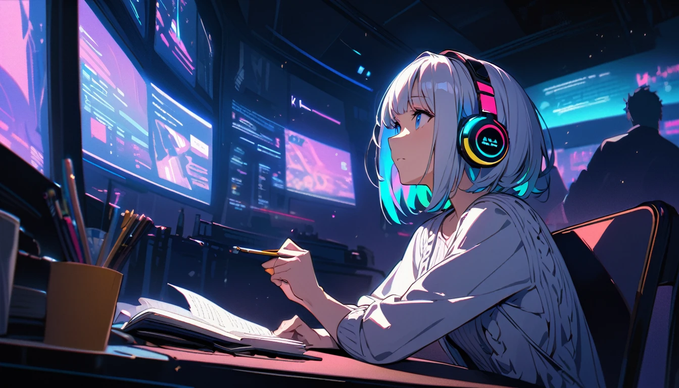 HD 8K Handsome cute, Solitary, 1 female, Medium Length Hair, white hair, Rainbow hair, blue Eyes, Rainbow headphone, knit dress, Futuristic, Cyberpunk, Cybernetics panoramic, in the night, looking away, Sitting, studying, night bar,