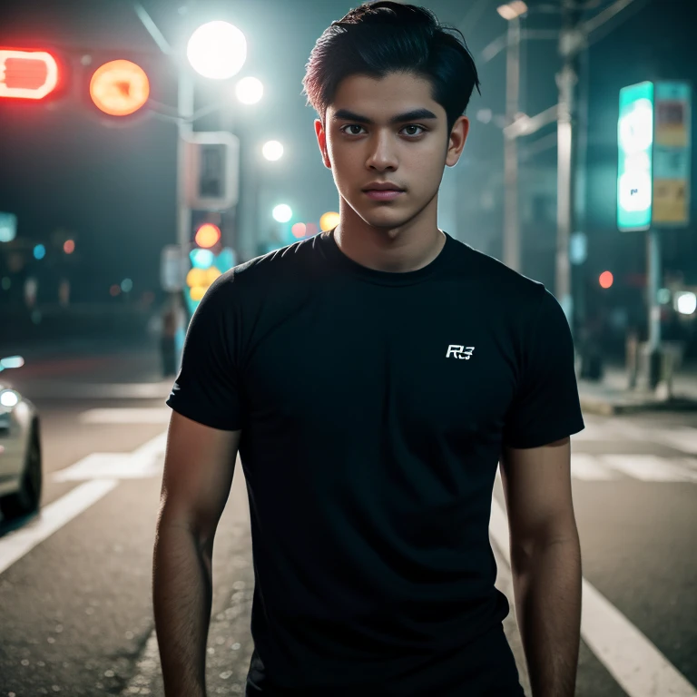 Aarav man, 25 years old, short black haircut, standing in the middle of the road., Hero Moves, standing next to car, Nissan 350z middle shot, The promotion is still on., The promotion is still on., Zach Retz, Shot with canon eos r5, Shot with canon eos r5, moody movie lighting, Rafael Pernaz, Photo Editor, Alexander Rostov, Still from Riverdale, Portrait 8 k, cyberpunk noir, ultra realistic, neon, photography model, raw image, dsrl, neon signs, purple, light blue, red