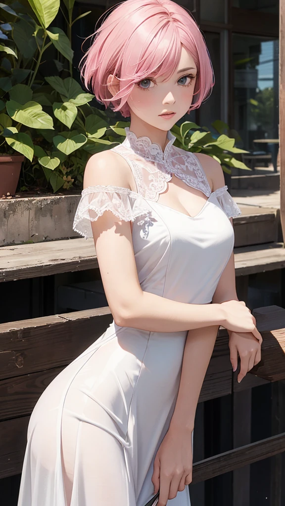 Alcanevi, A woman with medium-short pink hair wearing a white dress, Woman&#39;s face, Unreal Engine Character Art, Portraiture