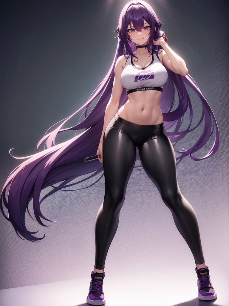 One girl, Long purple hair, Iris, Wearing a black sports bra, Wearing baggy black pants, Absurd, High resolution, Super sharp, 8K, masterpiece, View your viewers, sexy, Fascinating, erotic, Tongue sticking out, expensive, Golden body proportions, smile,((full body))