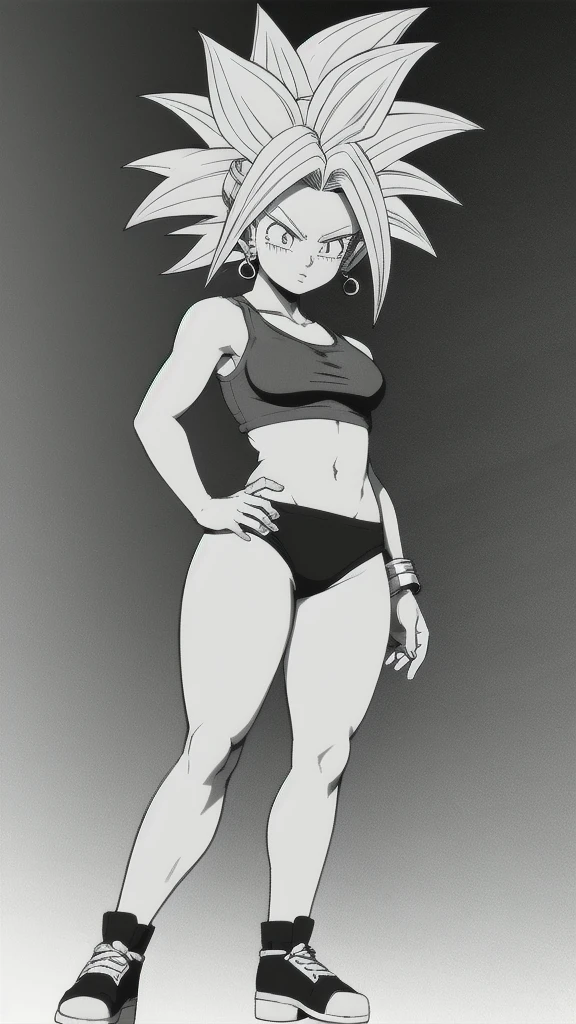 Kefla hentai
Solo . Simple background , manga style , Fitgirl , Lineart , sfw , monochrome,greyscale,comic , Standing , Normal pose , sensual ,fullbody , kefla_dragonball,jewelry, earrings, crop top ,  