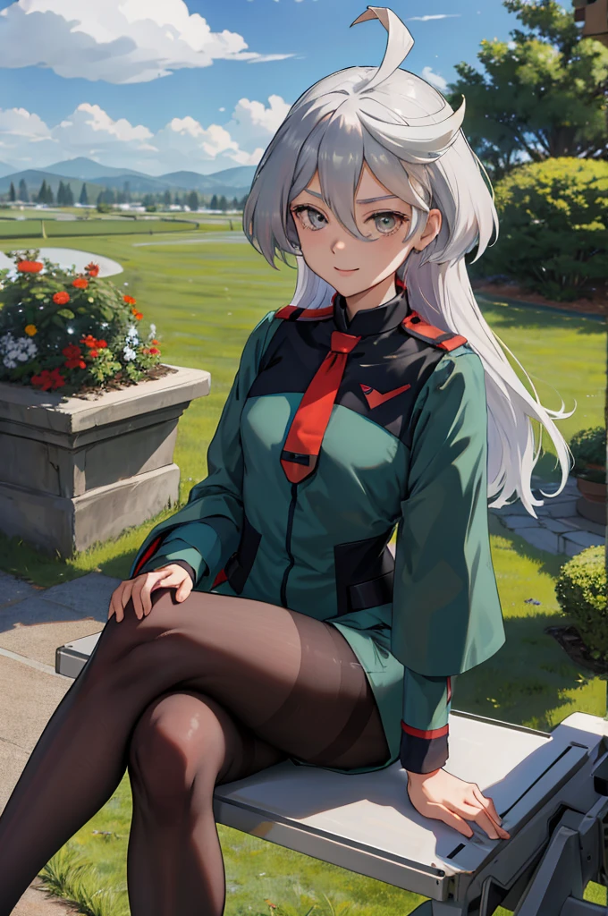 masterpiece, best quality, highres, miorine1, 1girl, miorine rembran, asticassia , solo, long hair, grey eyes, grey hair, ahoge, seamed legwear, green shorts, necktie, bangs, hair between eyes, black pantyhose, long sleeves, green jacket, floating hair, red necktie, outdoors, chair, sitting, crossed legs, smile, (gundam:1.2),