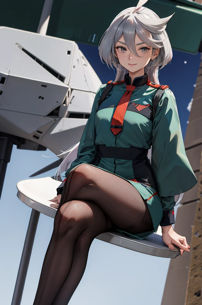 masterpiece, best quality, highres, miorine1, 1girl, miorine rembran, asticassia , solo, long hair, grey eyes, grey hair, ahoge, seamed legwear, green shorts, necktie, bangs, hair between eyes, black pantyhose, long sleeves, green jacket, floating hair, red necktie, outdoors, chair, sitting, crossed legs, smile, (gundam:1.2),