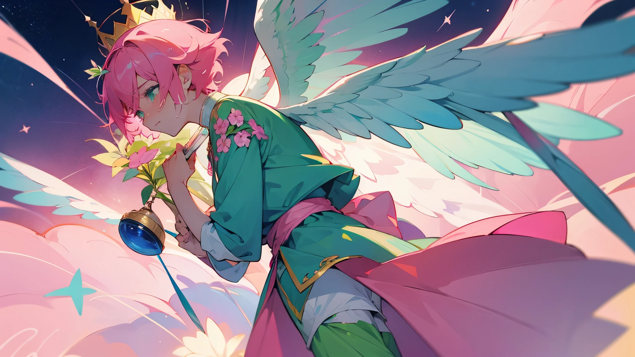 A man with short pink hair and bright blue stars. His face was hopeless and crying. He was tall and thin, wearing a green and pink outfit with a flower pattern on it, and green and pink pants with a flower pattern on it. There is a divine crown with a flower pattern attached to it. It has white divine wings with a flower pattern. in the mobile phone globe