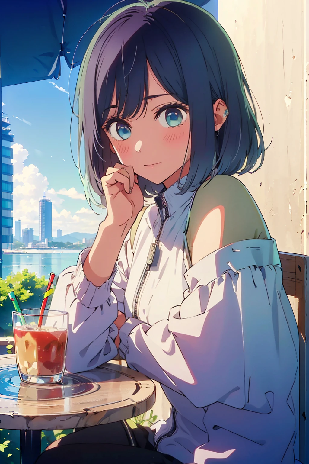 (Highest quality:1.4、8K:1.4、detailed)、F cup bust、Big Breasts、Slim body、Very white beautiful skin、((((1 person、Surprised expression、sit、Chair、In the background are the urban buildings of Tokyo、looking at the camera、Outdoor café terrace、Navy hair color、juice、table、Very cute face))))、((((nude、Areola))))、(Pose with hair tucked behind ears with both hands:1.4、Cheek resting on hand:1.4)、(((Off-the-shoulder black blouson with zipper)))、Nipples、Very blue sky、A completely cloudless sky