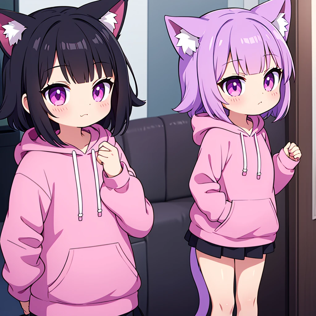 2 girls sitting with skirts showing their panties purple hair and brown hair nekomimi blue eyes 