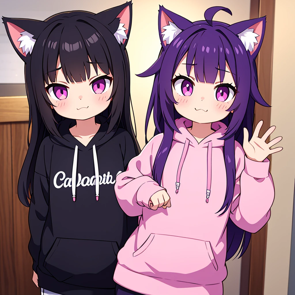 cute cat girl, cat ears, black hair, pink eyes, smug, pink hoodie, only head in frame, straight bangs, medium length hair, purple hair pin, 1 girl
