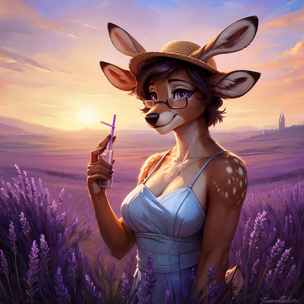 uploaded on e621, by Pixelsketcher, by Bayard Wu, by Thomas Benjamin Kennington , by Einshelm, by hioshiru and kenket, Chunie, portrait, solo anthro female deer doe, with small featureless breasts, clear dark blue, cinematic lighting, day, sunny day, lavender field, stays in a lavender field, lavender field background, mediterranean background, horizon background, shiny, short curly dark brown hair, wears big black nerd glasses, very very beautiful furry art, furry art, smiling, joyful, shiny, happy, feminine, cute face, muzzle, fluffy chest, flawless face, Fallow deer, 1girl, Sakimichan is beautiful, Masterpiece, Wavethesallow Face, shiny, Detailed image, portrait, Detailed image, portrait, full body, wearing pure white and wide spaghetti straps dress, wearing big and wide beige summer straw hat, shiny, realistic face, perfect anatomy, hourglass body, (furry body:1.1), anthropomorphic deer, looks at the viewer, small fluffy tail, detailed background, (cute anatomy:1.1), stands in a lavender field