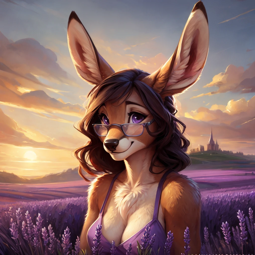 uploaded on e621, watercolor look, by Pixelsketcher, by Bayard Wu, by Thomas Benjamin Kennington , by Einshelm, by hioshiru and kenket, Chunie, portrait, solo anthro female deer doe, with small featureless breasts, clear dark blue, cinematic lighting, day, sunny day, lavender field, stays in a lavender field, lavender field background, mediterranean background, horizon background, shiny, short curly dark brown hair, wears big black nerd glasses, very very beautiful furry art, furry art, smiling, joyful, shiny, happy, feminine, cute face, muzzle, fluffy chest, flawless face, Fallow deer, 1girl, Sakimichan is beautiful, Masterpiece, Wavethesallow Face, shiny, Detailed image, portrait, Detailed image, portrait, full body, wears pure white spaghetti straps dress, wears a black bandana headscarf, shiny, realistic face, perfect anatomy, hourglass body, (furry body:1.1), anthropomorphic deer, looks at the viewer, small fluffy tail, detailed background, (cute anatomy:1.1), stands in a lavender field