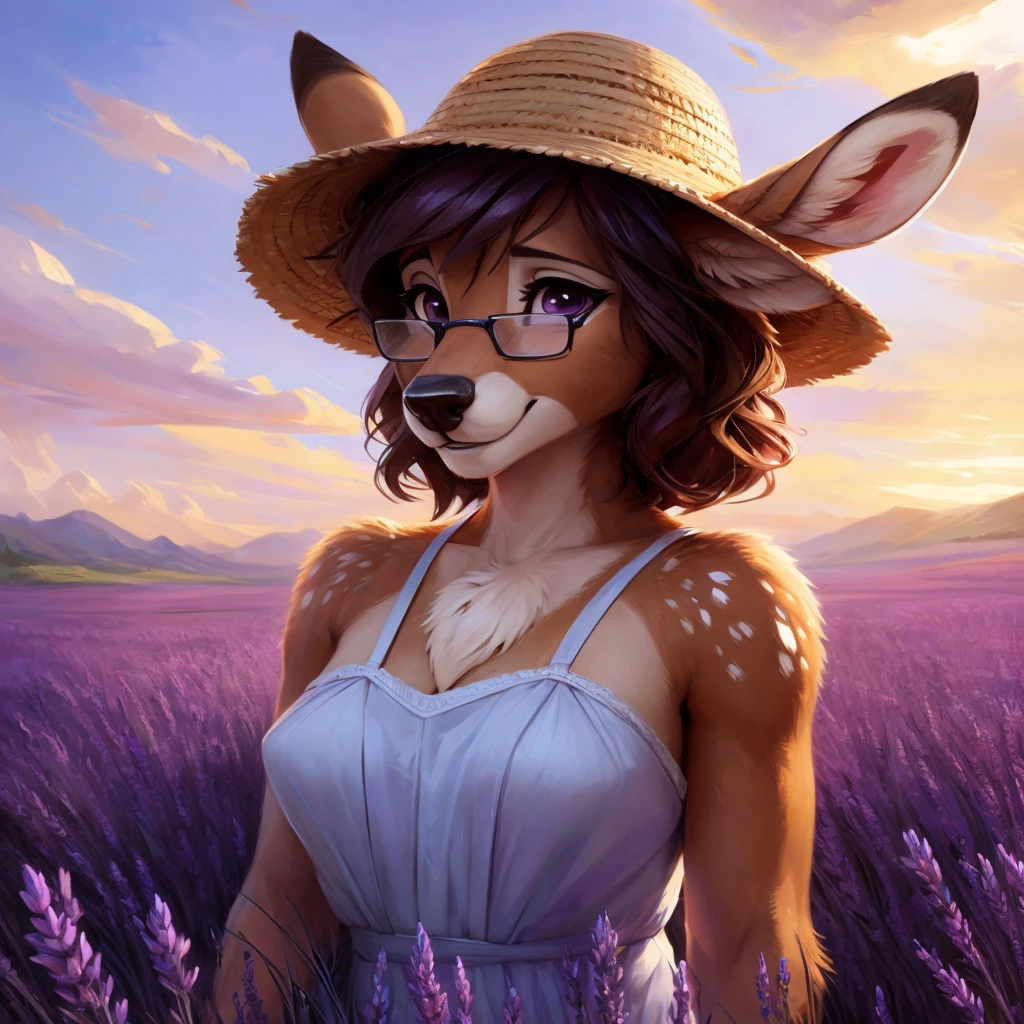 uploaded on e621, by Pixelsketcher, by Bayard Wu, by Thomas Benjamin Kennington , by Einshelm, by hioshiru and kenket, Chunie, portrait, solo anthro female deer doe, with small featureless breasts, clear dark blue, cinematic lighting, day, sunny day, lavender field, stays in a lavender field, lavender field background, mediterranean background, horizon background, shiny, short curly dark brown hair, wears big black nerd glasses, very very beautiful furry art, furry art, smiling, joyful, shiny, happy, feminine, cute face, muzzle, fluffy chest, flawless face, Fallow deer, 1girl, Sakimichan is beautiful, Masterpiece, Wavethesallow Face, shiny, Detailed image, portrait, Detailed image, portrait, full body, wearing pure white and wide spaghetti straps dress, wearing big and wide beige summer straw hat, shiny, realistic face, perfect anatomy, hourglass body, (furry body:1.1), anthropomorphic deer, looks at the viewer, small fluffy tail, detailed background, (cute anatomy:1.1), stands in a lavender field