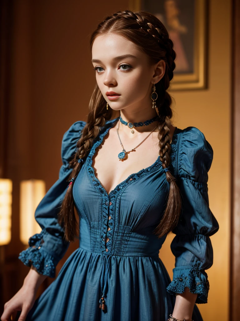 sadie sink, in la bete movie, by Walerian Borowczyk, erotic, 1girl, blue_eyes, blurry, blurry_background, braid, choker, depth_of_field, dress, earrings, eyelashes, freckles, hair_over_shoulder, jewelry, lips, long_hair, long_sleeves, looking_at_viewer, necklace, pendant, puffy_long_sleeves, puffy_sleeves, realistic, single_braid, solo, twin_braids, upper_body