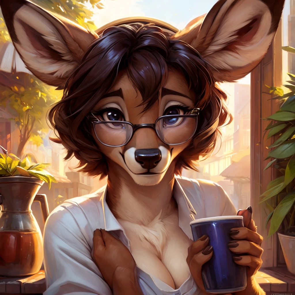 uploaded on e621, by Pixelsketcher, by Bayard Wu, by Thomas Benjamin Kennington , by Einshelm, by hioshiru and kenket, Chunie, portrait, solo anthro female deer doe, tiny featureless breasts, tiny breasts, clear dark blue, cinematic lighting, day, sunny day, sitting outside at a café, café background, french background, old french background, shiny, short curly dark brown hair, short hair, wears big black nerd glasses, very very beautiful furry art, furry art, thoughtful, shiny, feminine, cute face, muzzle, fluffy chest, flawless face, Fallow deer, 1girl, Sakimichan is beautiful, Masterpiece, Wavethesallow Face, shiny, Detailed image, portrait, Detailed image, portrait, wears pure white wide, big blouse, wears beige summer straw hat, shiny, realistic face, perfect anatomy, hourglass body, anthropomorphic deer, happy, very happy, small ears, huge black nerd glasses, wide happy eyes, look at viewer, smiles, big smile, holds with both hands a cup of coffee, hourglass body, (furry body:1.1), anthropomorphic deer, small fluffy tail, detailed background, (cute anatomy:1.1), looks into the distance