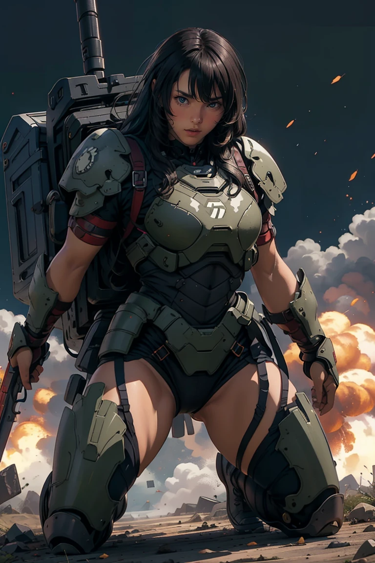 1 girl, black long hair, wearing battle armor, heavy backpack, pose, fullbody shot, shooting with heavy weapon, at the battle place, explosion, kneeling with 1 leg, 