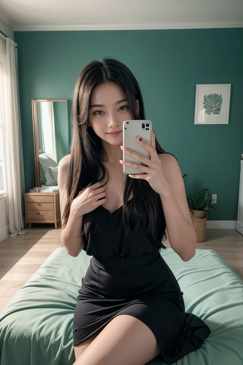 photo of a realistic woman sitting on a bed, taking a selfie in a mirror. She is smiling and wearing a short, fitted black dress. Her hair is straight, dark, and falls naturally over her shoulders. The room has turquoise-colored walls and a cozy atmosphere. The mirror reflects her image clearly, capturing her relaxed pose and the comfortable setting. The photo should be high-quality, with detailed textures and realistic lighting, emphasizing the natural and candid moment.