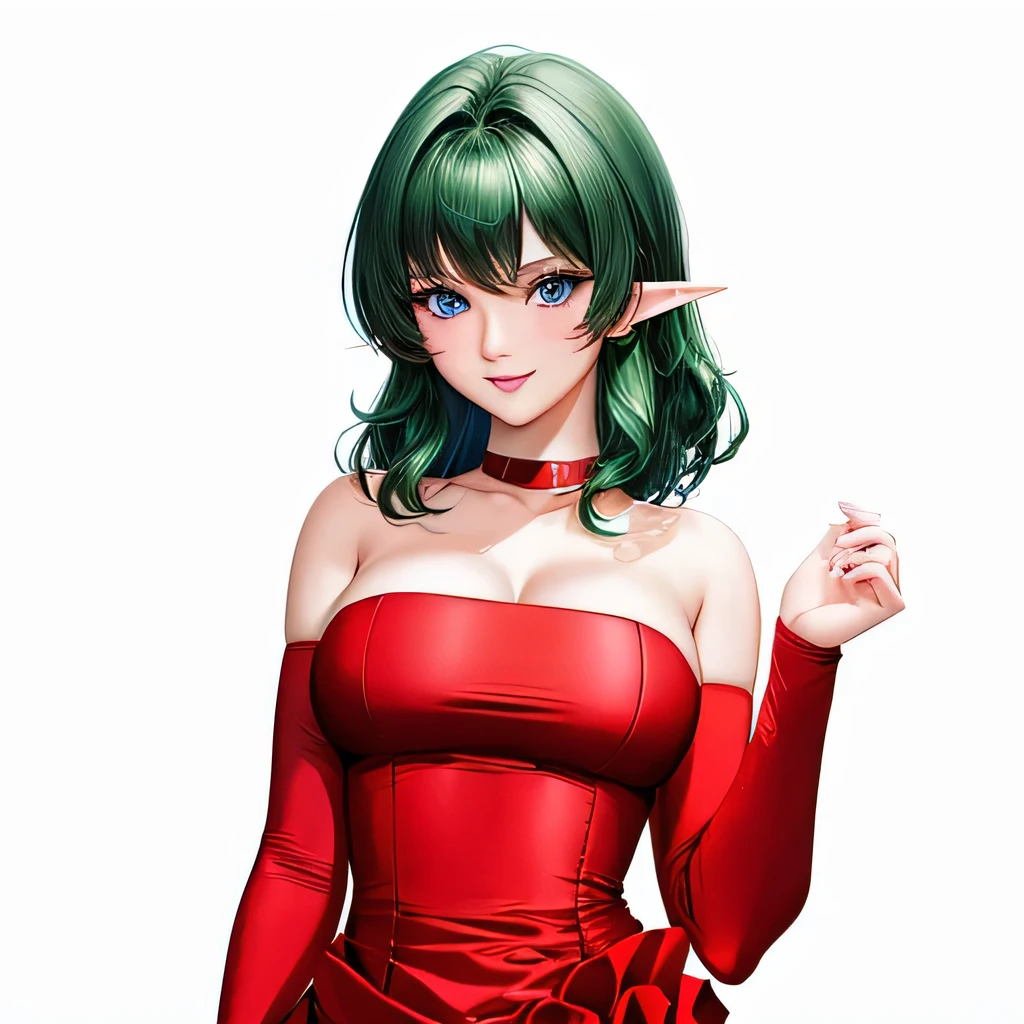 (masterpiece,best quality,ultra-delicate,Perfect Face,16k,high resolution,very beautiful girl),Medium short deep green hair:1.2, Red strapless bodycon tube dress ,Red long arm sleeves,Elf Girl,((large Breasts)),blue eyes,Beautiful smile,20 years old,