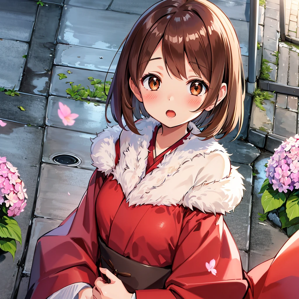 masterpiece, Highest quality, High resolution, Gloria1, 1 Girl, Gloria\(Pokémon\), Brown Hair, , Brown Eyes, , Short Hair, , Bobcut, bangs, , 1Describe a girl carefully 1Girl Expression in love blush Open Mouth blush kimono(Hydrangea pattern) Upper Body Japanese-style streetscape rain