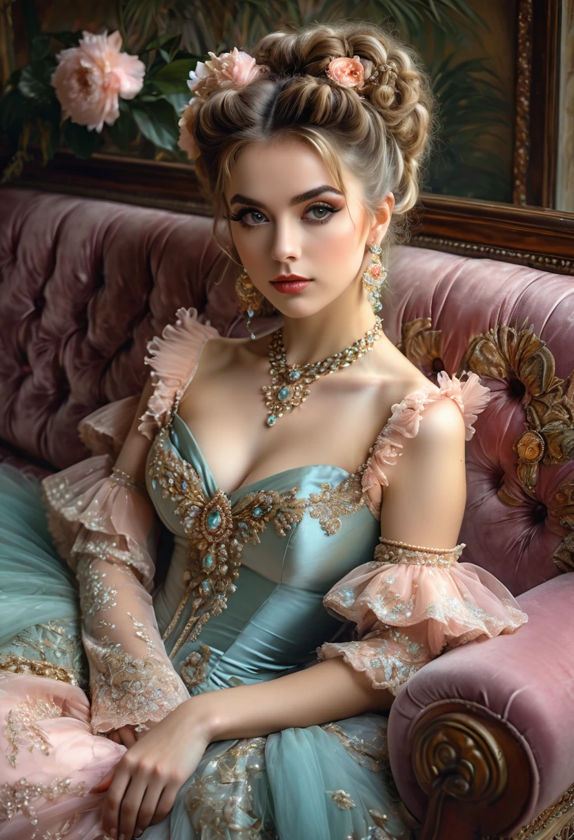 photo portrait of a beautiful 19th century woman, reclining on a chaise lounge, complex hairstyle, vintage jewelry, large eyes, focus gaze, fluffy eyelashes, half smile, threads, pastel decorativeness, intricately ballet dress, art photography, combining the artistic styles of Jose Royo, Boris Vallejo, Julie Bell, Carne Griffiths and Brian Froud