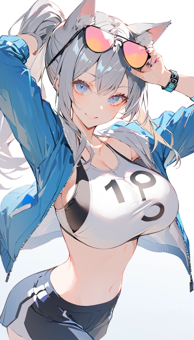 White and black bikini, number, woman in running shorts, 1girl, breasts, blue eyes, solo, animal ears, navel, V, big breasts, eyewear on head, ponytail, gray hair, jacket