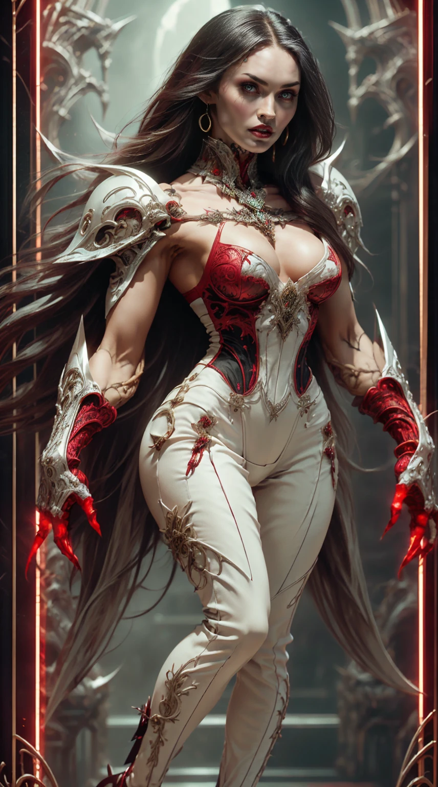 (((megan fox))), (masterpiece:1.1), (best quality:1.1), ((full body view:1.25)), (ornate:1.1), (red and black coloring:1.26), BREAK, (horror:1.0), (esoteric:1.1), (solo:1.4), (dynamic angle:1.0), (cowboy shot:1.0), (woman:1.1),(very muscular bodybuilder girl:1.25), (huge upper body:1.25), (narrow ????:1.0), long hair, (gothic intricate vampiric armor:1.25), (gauntlets:1.0), (shoulder armor:1.1), ((tarot style frame:1.25)), (glowing red eyes:1.25), (huge muscular arms:1.5,) thin legs, Realistic, Very detailed face and eyes, masterpiece