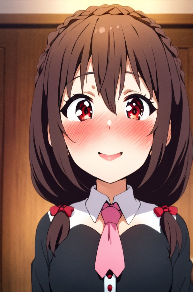 (masterpiece, Highest quality), One girl, Yunyun,Long Hair,Braiding,Twin tails,Hair between the eyes,Red hair ribbon,hair ornaments,large round breasts,、Pink Skirt、Black Hair、Crown Blade,Black Shirt, Long sleeve,Pink tie, belt, Cleavage cutout、Above the upper body、(blush:1.ung face、indoor、(Kiss the viewer)、Very happy face、Red Eyes、The girl is looking slightly upwards、Mouth closed