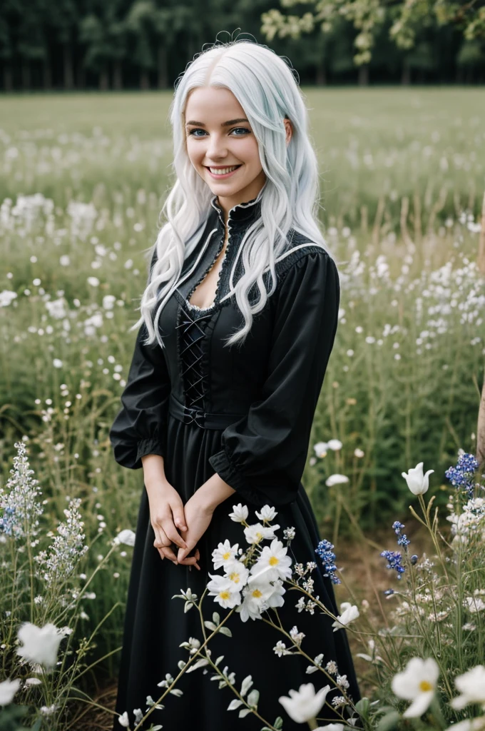 A girl with white hair and blue eyes wearing a black medieval dress in a field of flowers while smiling