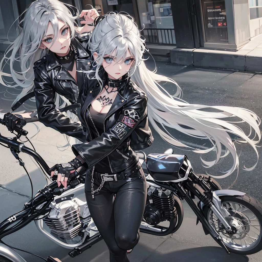 The beautiful biker girl , Light ash grey hair elegantly curled,blue light eyes, punk styles, has tattos on the arm , Masterpiece((tmasterpiece)),Black color Leather jacket((black jean )),,adorlable,mortor bike ,street wears,