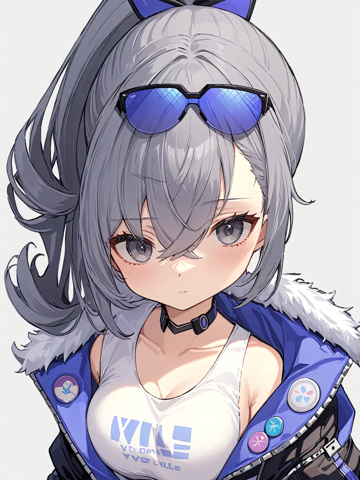 1girl, jacket, solo, grey_hair, grey_eyes, black_jacket, looking_at_viewer, ponytail, bangs, eyewear_on_head, closed_mouth, fur-trimmed_jacket, shirt, fur_trim, hair_between_eyes, long_hair, breasts, white_shirt, grey_background, drill_hair, upper_body, sunglasses