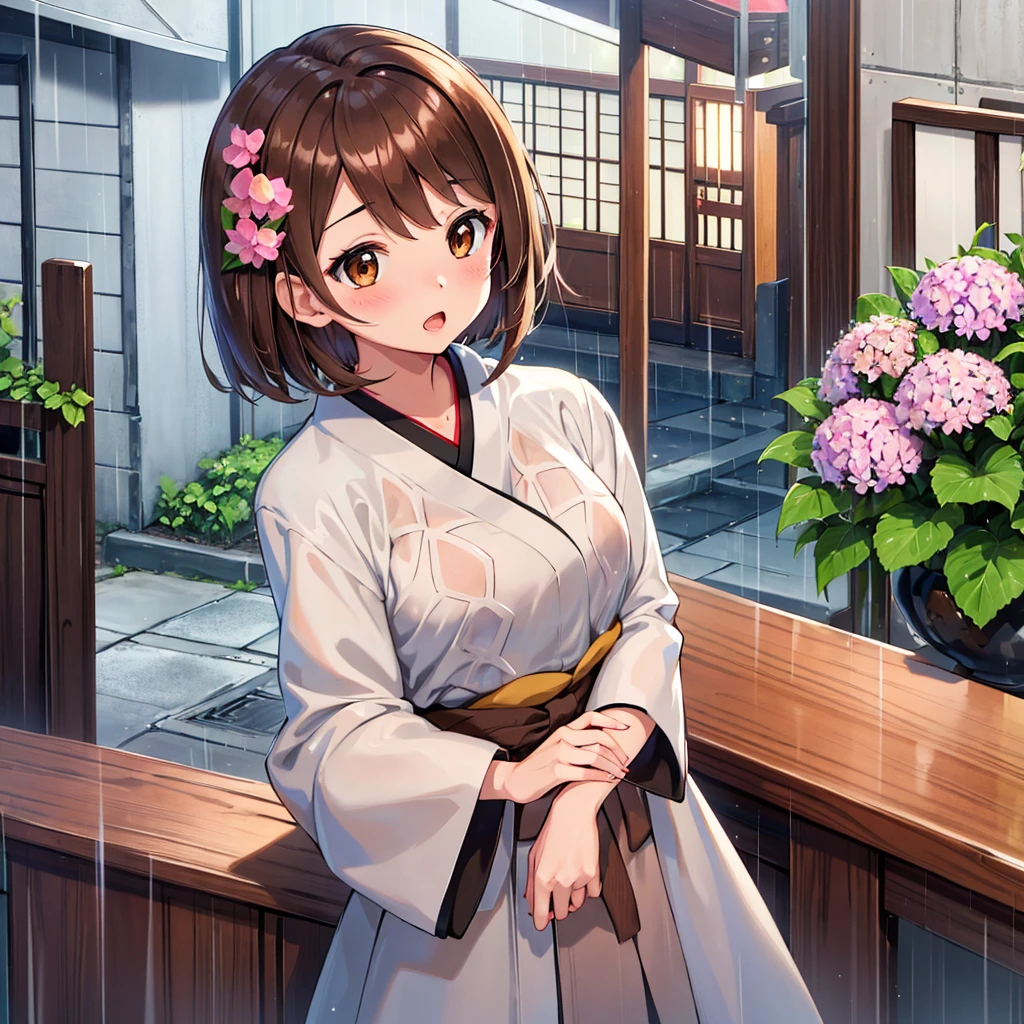 masterpiece, Highest quality, High resolution, Gloria1, 1 Girl, Gloria\(Pokémon\), Brown Hair, , Brown Eyes, , Short Hair, , Bobcut, bangs, , 1Describe a girl carefully 1Girl Expression in love blush Open Mouth blush kimono(Hydrangea pattern) Upper Body Japanese-style streetscape rain