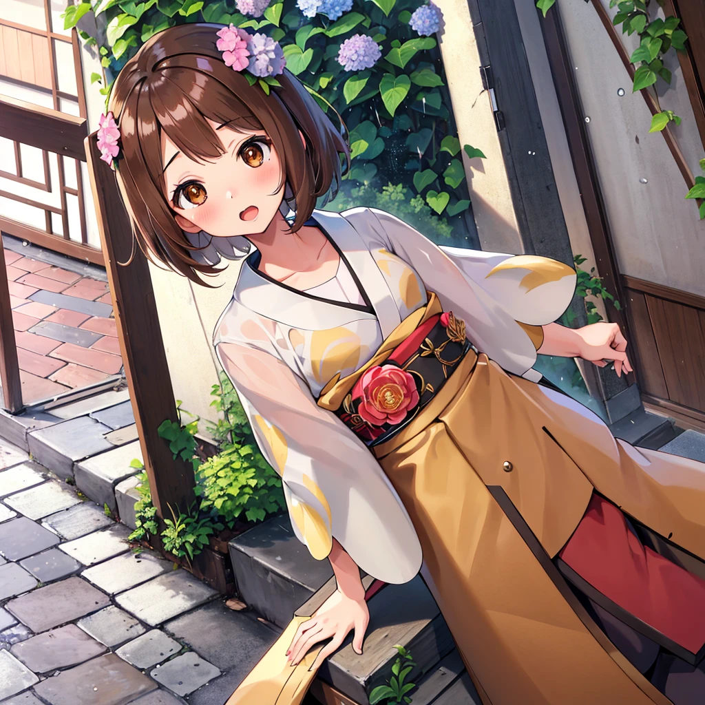 masterpiece, Highest quality, High resolution, Gloria1, 1 Girl, Gloria\(Pokémon\), Brown Hair, , Brown Eyes, , Short Hair, , Bobcut, bangs, , 1Describe a girl carefully 1Girl Expression in love blush Open Mouth blush kimono(Hydrangea pattern) Upper Body Japanese-style streetscape rain