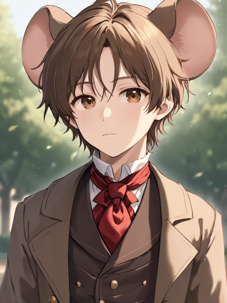 high_quality, 4k, masterpiece, 1boy, solo, kemonomimi, Mouse_boy, mouse_ears, mouse_tail, chin-length brown hair, brown eyes, young, short, 1840s_era_clothing, tattered_clothing, Frock_coat, red_cravat, confident_expression, fair-skinned, looking_up_at_viewer, outdoors
