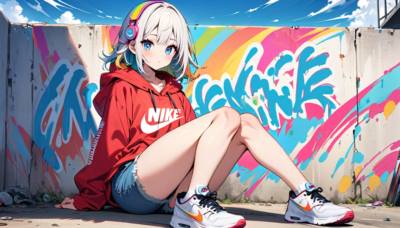 HD 8K Handsome cute, Solitary, 1 female, Medium Length Hair, white hair, Rainbow hair, blue Eyes, Rainbow headphone, hoodie, colored hoodie, denim shorts, sneakers logo to NIKE, Human focus, outdoor, blue sky, White clouds, graffiti wall,