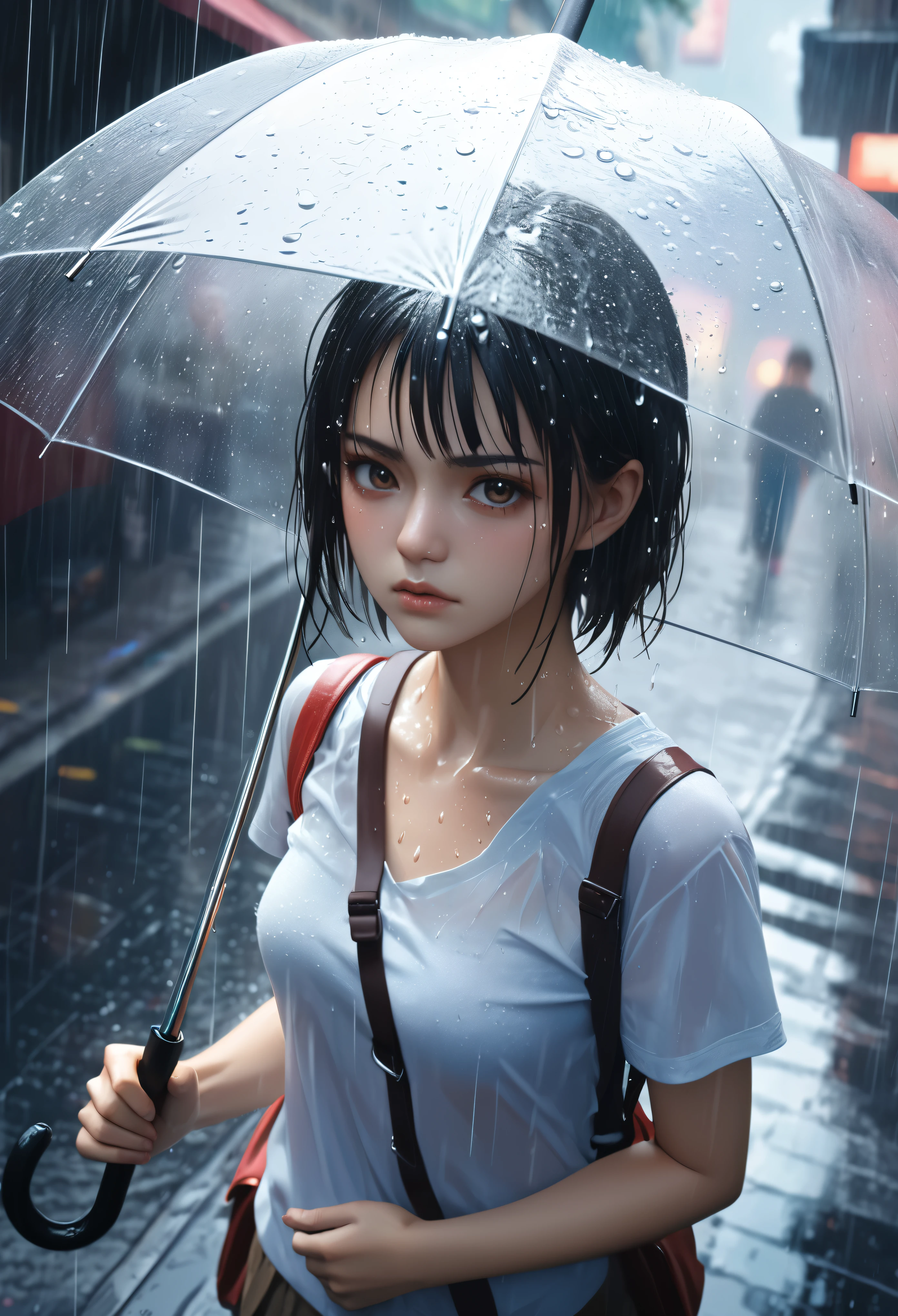 Person holding an umbrella, Transparent full-color fantasy, Action CG paint rain, Very attractive girl, I frown at the heavy rain, A sharp gaze glaring at the sky, Even though I was holding an umbrella, I was soaking wet., Heat, BREAK (dynamic shot from above:1.5), Detailed and accurate, aesthetic, Anatomically correct, 