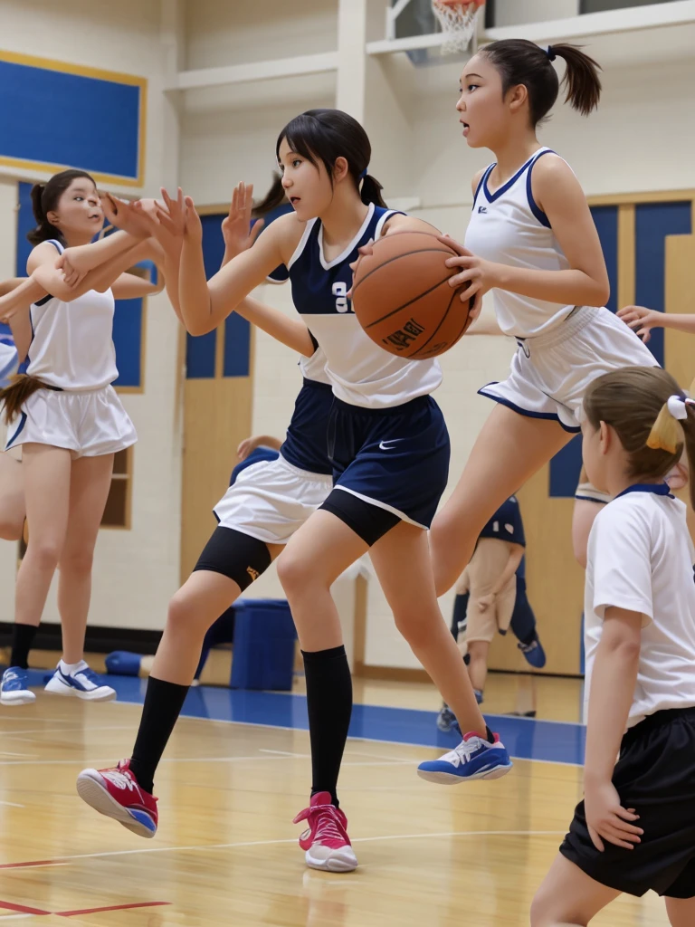 School Physical education class , healthy Eros , halation , ugly girl , round face , loose body , (Bloomers) , basketball , motion blur , dynamic play