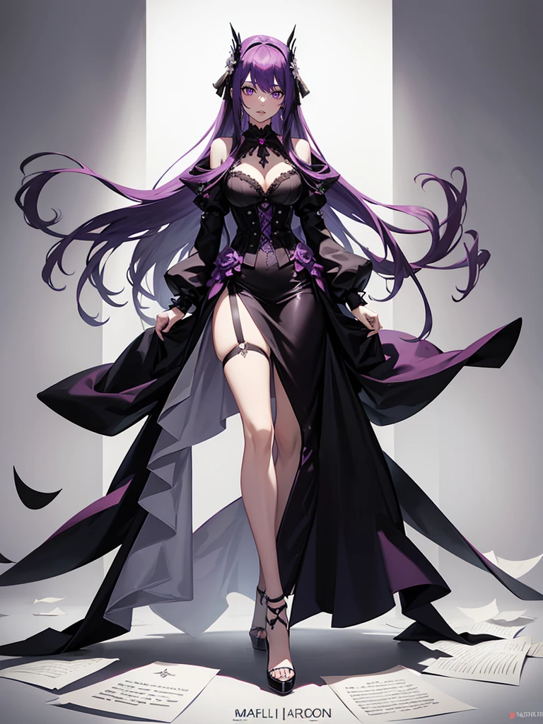 Adult female,Very long purple hair,Full body view,((full body)),Gothic attire,((body harness)),High heels,((paper tobacco)),Simple white background,