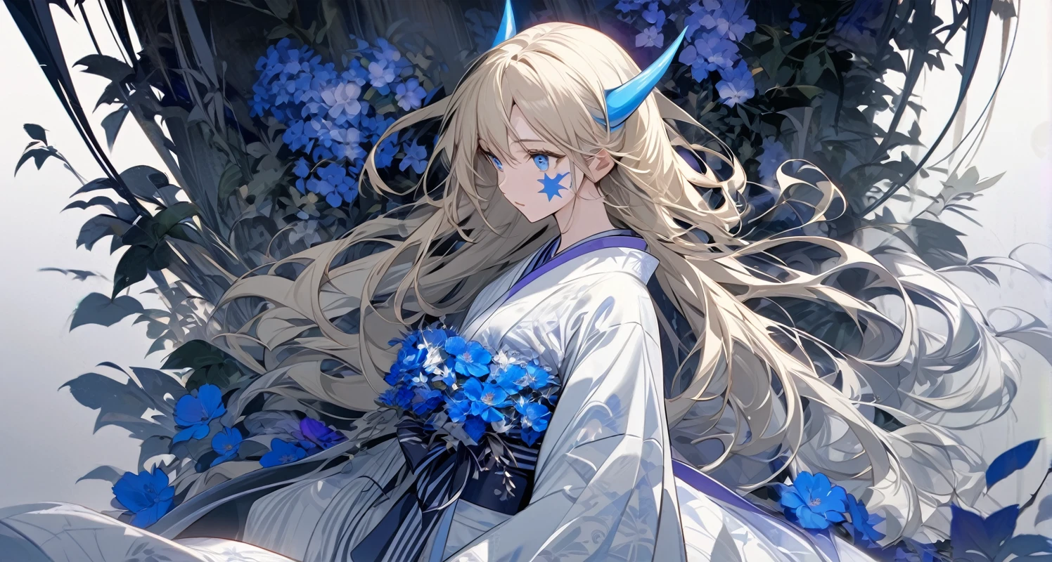 "A central figure of a young girl with long blonde hair and blue eyes. She has blue horns curved backward and a small star tattoo or drawing on her face. The color palette is dominated by cool shades of blue and purple. Surrounding the girl are blue flowers and leaves that harmoniously blend with her appearance. She is dressed in a traditional kimono with patterns that echo the flowers around her, featuring shades of blue and purple. The background is subtle and abstract, in light blue and gray tones, helping to highlight the central figure. Gentle, flowing lines in the background create a sense of movement and depth. The overall impression of the composition is lightness, airiness, and harmony. The central figure stands out against the background due to the contrast of light and dark tones, and the flowers and plants add liveliness and natural beauty."