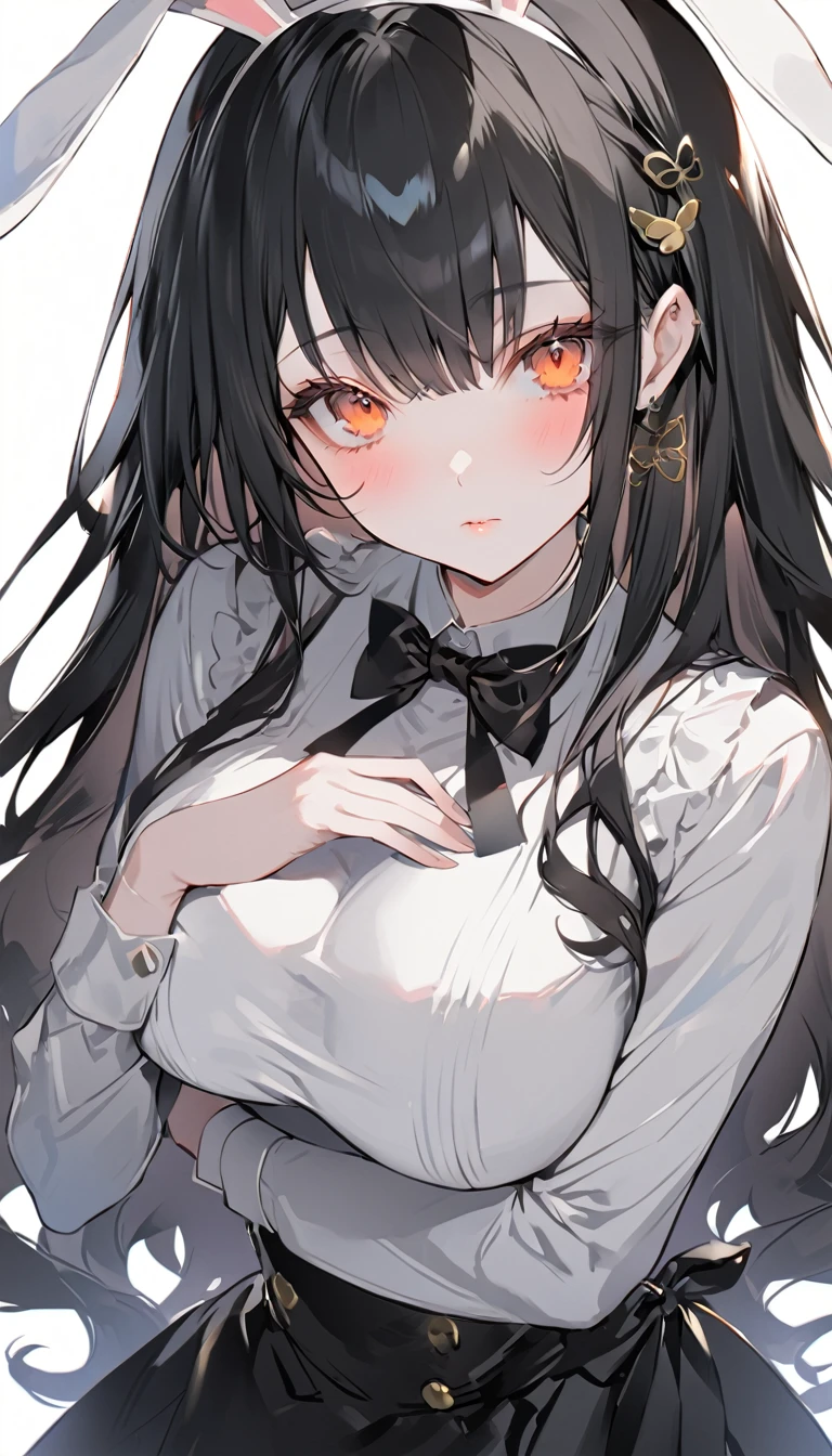 an anime style female character with long black hair and bunny ears poses in a tight white dress, 1girl, solo, animal ears, rabbit ears, breasts, long hair, black hair, bow, blush, looking at viewer, large breasts, black bow, gloves, bowtie, shirt, black bowtie, orange eyes, white shirt, hair ornament, long sleeves, multicolored hair, black skirt, closed mouth, white hair